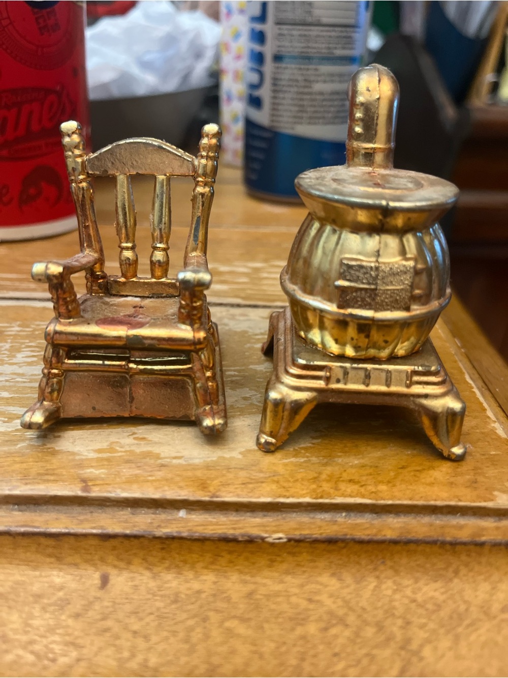 Vintage Miniature Brass Rocking Chair and Kettle Stove Pair - Salt & Pepper